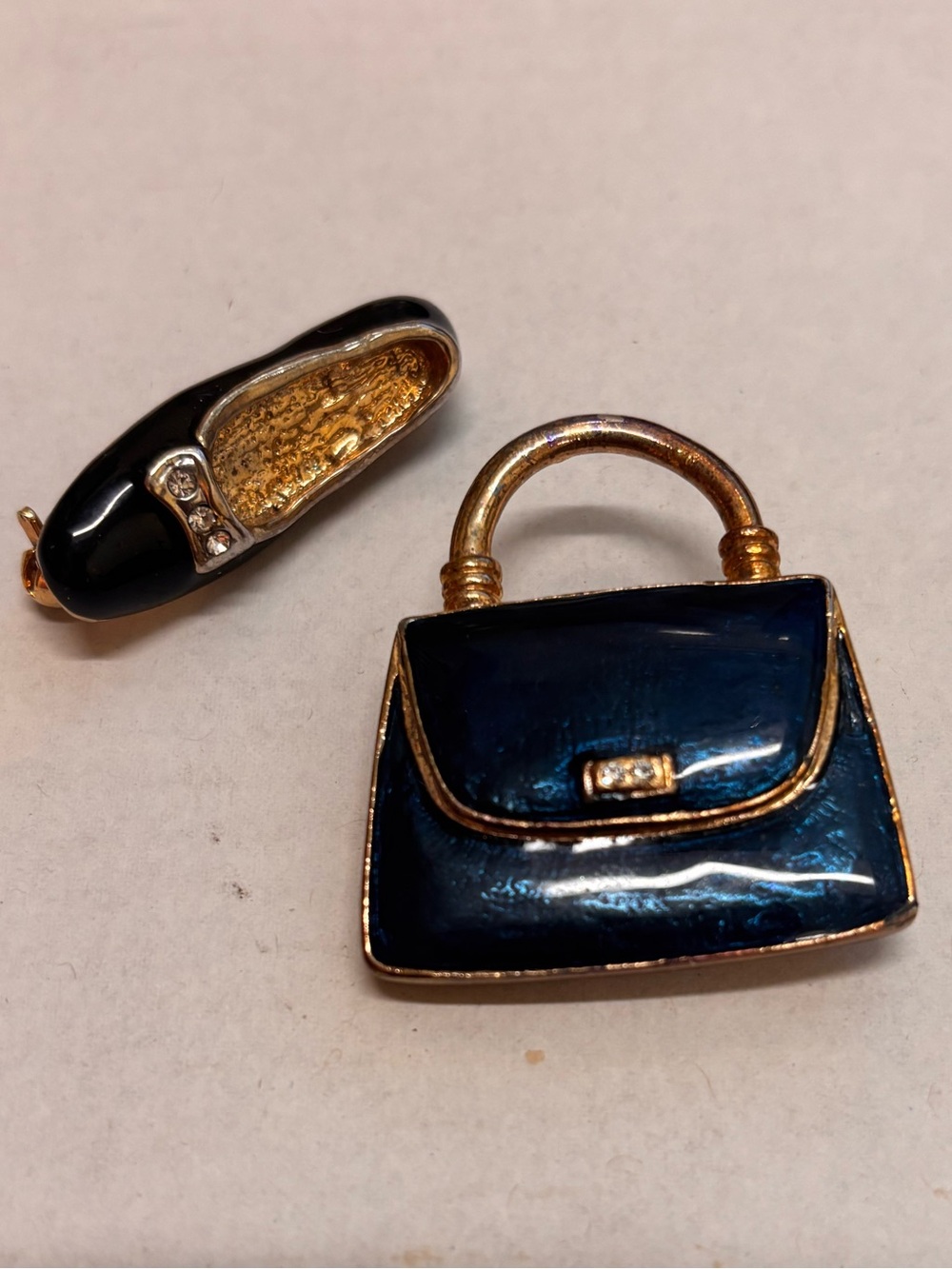 VTG Colormates Brooch Set Gold-Tone Blue Enamel Handbag & Black Shoe Rhinestones